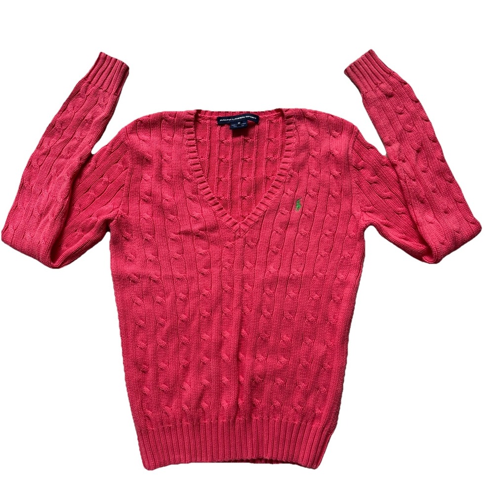 Ralph Lauren Sport Cable Knit Sweater Womens M Pink Cotton Pony Logo Classic Y2K
